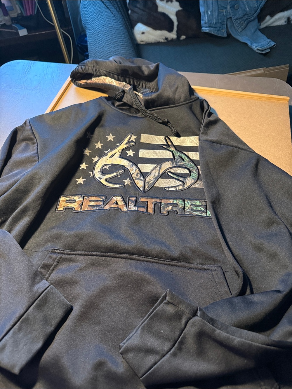 Realtree Black Hoodie with Camo Logo and Flag Graphic